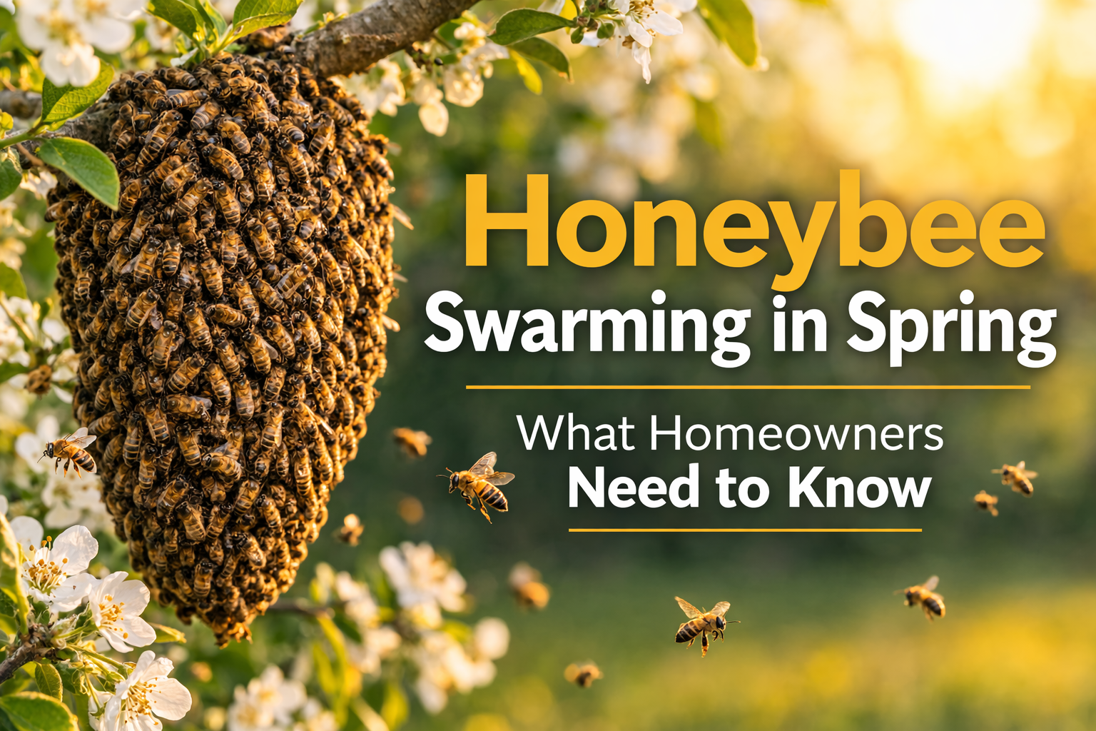 Honeybee swarm hanging from a tree branch in spring near a home with text about what homeowners need to know